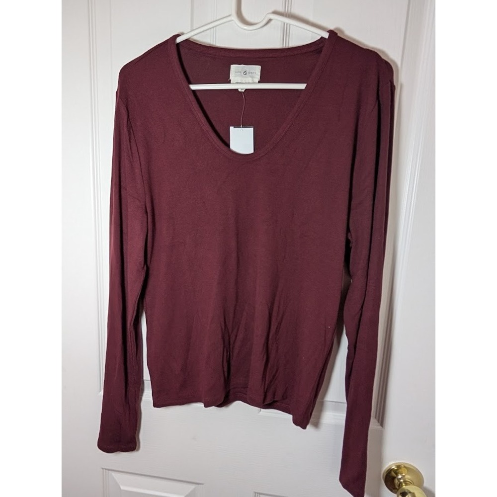 LOU & GREY Soft Ribbed V-Neck Long Sleeve Top Burgundy Casual XXL